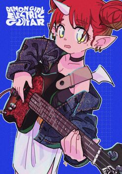 1girl black_choker black_shirt blue_background choker demon_horns demon_wings double_bun earrings electric_guitar green_eyes guitar hair_bun highres holding holding_instrument horns instrument jewelry long_sleeves looking_at_viewer music original playing_instrument plectrum pointy_ears red_hair shirt short_hair solo wings yuuho
