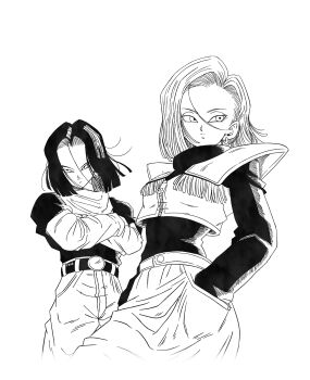 1boy 1girl absurdres android_17 android_18 belt closed_mouth commentary crossed_arms dragon_ball dragonball_z earrings english_commentary epaulettes greyscale half-closed_eyes hands_in_pockets highres jewelry medium_hair monochrome pants roub3d scarf short_hair simple_background standing upper_body vest white_background