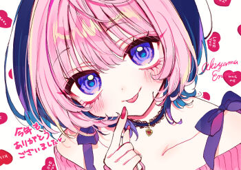 1girl akiyama_enma artist_name bare_shoulders black_hair blush bow choker close-up commentary_request frilled_choker frills heart heart-shaped_gem highres looking_at_viewer multicolored_hair noa-senpai_wa_tomodachi. off_shoulder pink_hair purple_bow purple_eyes red_nails saotome_noa short_hair solo split-color_hair tongue tongue_out white_background