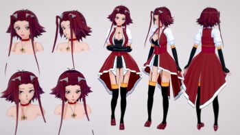 1girl 3d artist_name artist_request black_gloves black_thighhighs breasts reference_sheet choker cleavage collarbone commentary_request corset cowboy_shot crossed_arms elbow_gloves fingerless_gloves full_body garter_straps gloves hair_ornament highres izayoi_aki jewelry large_breasts long_hair looking_at_viewer multiple_views necklace parted_bangs parted_lips puffy_short_sleeves puffy_sleeves red_hair short_sleeves smile standing thighhighs yellow_eyes yu-gi-oh! yu-gi-oh!_5d&#039;s zettai_ryouiki