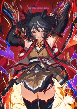 Rule 34 | 1girl, absurdres, ahoge, animal ears, armpits, arms up, black hair, black thighhighs, blush, breasts, chanchanko (clothes), cleavage, cleavage cutout, clothing cutout, commentary request, detached sleeves, hair between eyes, highres, horse ears, horse girl, kitasan black (crowning ooban) (umamusume), kitasan black (umamusume), kouhaku nawa, looking at viewer, medium breasts, multicolored hair, parted lips, red eyes, rope, shimenawa, smile, solo, streaked hair, thighhighs, umamusume, white hair, yakousei a