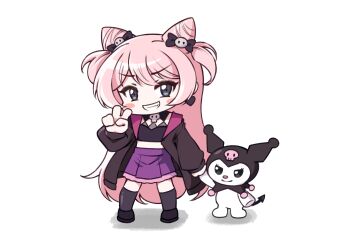 1girl 1other bang_dream! bang_dream!_it&#039;s_mygo!!!!! black_jacket black_thighhighs chibi chihaya_anon clenched_teeth commentary cone_hair_bun crop_top fang full_body grey_eyes hair_bun highres holding_hands jacket jiwon_(sj1) kuromi long_hair midriff pink_hair purple_skirt sanrio simple_background skirt teeth thighhighs white_background