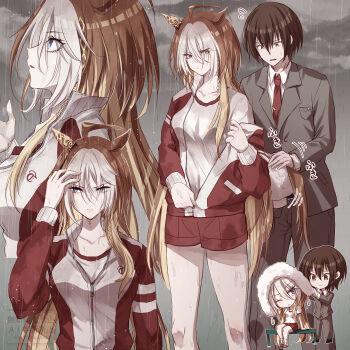 1boy 1girl alternate_hairstyle animal_ears blue_eyes breasts brown_eyes brown_hair drying drying_hair grey_jacket grey_pants hair_between_eyes highres holding holding_towel horse_ears horse_girl horse_tail jacket long_hair looking_at_another looking_to_the_side looking_up medium_breasts multicolored_hair necktie orange_hair orfevre_(umamusume) pants red_jacket red_necktie red_shorts shirt short_hair shorts sidelocks tail towel trainer_(umamusume) two-tone_hair umamusume wet wet_clothes wet_hair wet_shirt white_hair white_shirt yue_(lov_n_n)