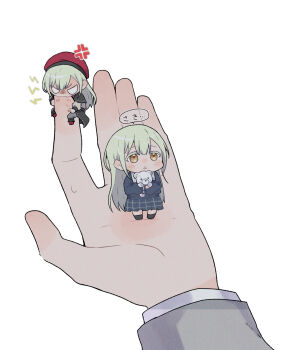 3girls anger_vein bang_dream! biting biting_finger blue_shirt blue_skirt commentary_request dual_persona hat highres holding holding_stuffed_toy mini_person minigirl mortis_(bang_dream!) mortis_(costume)_(bang_dream!) mortis_(persona)_(bang_dream!) multiple_girls nago_(hasakimati) plaid_clothes plaid_skirt pleated_skirt red_hat school_uniform shirt skirt speech_bubble stuffed_animal stuffed_toy togawa_sakiko translation_request tsukinomori_school_uniform wakaba_mutsumi yellow_eyes