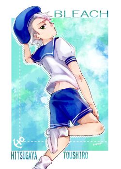 Rule 34 | 1046sstep btoh, 1boy, anchor symbol, beret, bleach, blue hat, blue sailor collar, blue shorts, boots, character name, commentary request, copyright name, green eyes, hat, highres, hitsugaya toushirou, looking back, male focus, puffy short sleeves, puffy sleeves, sailor collar, sailor shirt, shirt, short sleeves, shorts, signature, solo, standing, standing on one leg, white boots, white hair