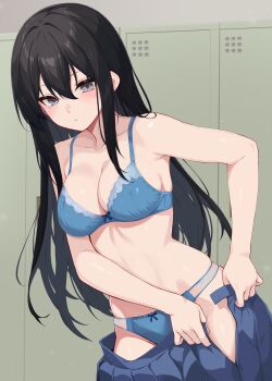 1girl absurdres bare_shoulders black_hair blue_bra blue_panties bra breasts collarbone commentary_request commission dressing grey_eyes highres idashige_(walkietalkie) indoors long_hair medium_breasts original panties pleated_skirt skeb_commission skindentation skirt solo standing stomach underwear very_long_hair