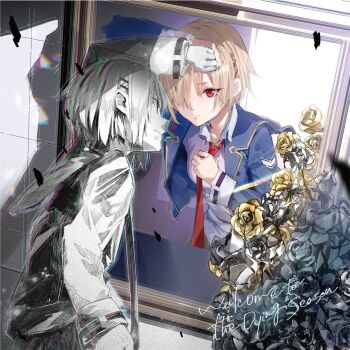1girl adjusting_clothes adjusting_necktie blonde_hair blue_jacket closed_mouth collared_shirt commentary_request different_reflection flower hair_ornament hair_over_one_eye hairclip heaven_burns_red highres jacket kayamori_ruka long_sleeves looking_at_another looking_at_mirror mirror necktie official_art one_eye_covered open_clothes open_jacket red_eyes red_necktie reflection rose sailor_collar school_uniform shirt short_hair upper_body white_shirt yellow_flower yellow_rose