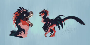 animal_focus artist_name astarcis claws commentary dinosaur dynamic_pose english_commentary fangs feathered_arms feathered_dinosaur feathers fluffy full_body multicolored_feathers multiple_views no_humans open_mouth original raptor reference_sheet sharp_teeth simple_background tail teeth watermark