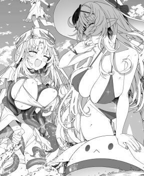 3girls accidental_exposure alice_(genshin_impact) alternate_breast_size_(larger) assisted_exposure bikini blush breasts commentary embarrassed genshin_impact greyscale highres klee_(genshin_impact) large_breasts laughing long_hair monochrome multiple_girls navel nicole_(genshin_impact) nidaime_(doronbo) octopus pointy_ears sketch smile swimsuit tentacles untranslatable_commentary wardrobe_malfunction
