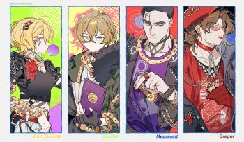 Rule 34 | 1girl, 3boys, ahoge, animal print, belt, beret, bespectacled, black choker, black gloves, black hair, black jacket, black shirt, black sleeves, blonde hair, book, bright pupils, brown eyes, brown hair, bug, bug print, chain, chain around arm, character name, chest tattoo, chewing gum, choker, cigar, closed mouth, cockroach, collarbone, colored eyelashes, cropped shirt, crossed bangs, don quixote (project moon), eye tattoo, eyelashes, facial tattoo, fingerless gloves, flower, fur shawl, glasses, gloves, goat, gold belt, gold chain, green eyes, gregor (project moon), hair between eyes, hair intakes, hair ornament, hairclip, half crown braid, hat, highres, holding, holding book, holding cigar, holding lighter, incorrectnobody, insect, jacket, lapels, large forehead, leather, leather jacket, lighter, limbus company, looking at viewer, looking down, meursault (project moon), middle (identity) (project moon), middle ring, multiple boys, neck tattoo, o-ring, o-ring choker, piercing, project moon, rabbit, red-tinted eyewear, red belt, red choker, red flower, red gloves, red hat, red rose, red shirt, rose, shawl, shirt, short sleeves, shorts, silver chain, sinclair (project moon), star (symbol), star hair ornament, stomach tattoo, tattoo, tinted eyewear, tongue, tongue out, tongue piercing, tsurime, twinhook pirates (identity) (project moon), twitter username, undershirt, v-neck, white pupils, white shirt, white shorts, yellow-framed eyewear