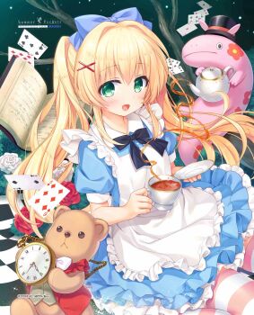 1girl :d absurdres alice_(alice_in_wonderland) alice_(alice_in_wonderland)_(cosplay) alice&#039;s_adventures_in_wonderland apron black_bow black_bowtie blonde_hair blue_bow blue_dress blush book bow bowtie card checkered_floor company_name copyright_name cosplay cup dress floating_hair flower frilled_apron frills green_eyes hair_between_eyes hair_bow hair_ornament happy hat highres holding holding_cup holding_plate long_hair looking_at_viewer maid_apron nagayama_yuunon official_art open_book open_mouth plate playing_card pocket_watch puffy_short_sleeves puffy_sleeves ringed_eyes rose sheet_music short_sleeves sidelocks sitting smile solo sparkle striped_clothes striped_thighhighs stuffed_animal stuffed_toy summer_pockets tea teacup teddy_bear thighhighs top_hat tsumugi_wenders twintails watch white_apron white_flower white_rose x_hair_ornament