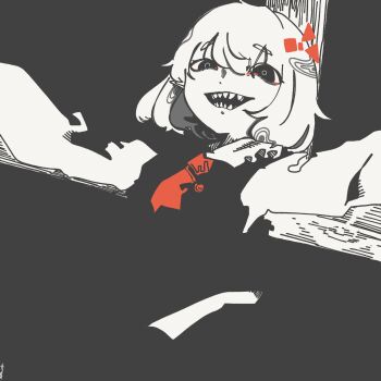 Rule 34 | 1girl, 3ma can omochi, ascot, black background, blending, commentary, creepy eyes, crucifixion, evil smile, greyscale, half-closed eyes, highres, long sleeves, looking at viewer, medium hair, monochrome, open mouth, outstretched arms, raised inner eyebrows, red ascot, rumia, sharp teeth, shirt, simple background, smile, solo, spot color, spread arms, teeth, touhou, untranslatable commentary, upper body, vest