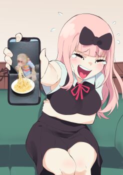 1girl aetherion arm_under_breasts blunt_bangs blush bow breasts cellphone cosplay flying_sweatdrops fujiwara_chika hair_bow highres holding holding_phone kaguya-sama_wa_kokurasetai_~tensai-tachi_no_renai_zunousen~ laughing long_hair medium_breasts meme monkey neck_ribbon open_mouth phone photo_inset pink_hair red_ribbon ribbon sitting smartphone smile solo superman superman_(cosplay) tearing_up tongue