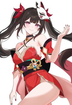 1girl armpit_crease breasts brown_hair butterfly-shaped_pupils closed_mouth collarbone fox_mask hair_between_eyes highres honkai:_star_rail honkai_(series) i_am_love japanese_clothes kimono long_hair looking_at_viewer mask mask_on_head medium_breasts pink_eyes red_kimono red_nails simple_background smile solo sparkle_(honkai:_star_rail) symbol-shaped_pupils twintails very_long_hair white_background