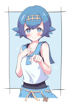 1girl absurdres blue_background blue_eyes blue_hair blue_pants blue_sailor_collar blush border bright_pupils closed_mouth female_focus highres lana_(pokemon) looking_at_viewer nintendo pants pokemon pokemon_sm reaching reaching_towards_viewer sailor_collar school_swimsuit shirt short_hair sidelocks simple_background smile solo standing swimsuit swimsuit_under_clothes tiara trial_captain white_shirt yuki_nagisaa