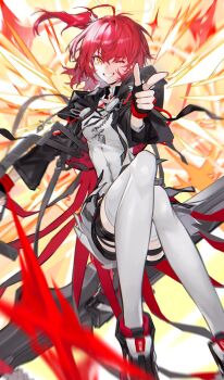 arknights black_boots black_gloves boots exusiai_(arknights) exusiai_the_new_covenant_(arknights) fingerless_gloves gloves hair_between_eyes halo highres looking_at_viewer official_alternate_costume official_alternate_hair_length official_alternate_hairstyle pointing pointing_at_viewer red_hair rukomata_99 thighhighs thighs white_thighhighs yellow_eyes