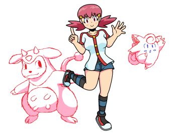 1girl :o blush_stickers breasts buttons clefairy collarbone drawfag full_body gen_1_pokemon gen_2_pokemon gym_leader highres index_finger_raised leg_up looking_at_viewer miltank nintendo pink_eyes pink_hair pokemon pokemon_(creature) pokemon_hgss shirt shorts smile tail twintails white_shirt whitney_(pokemon)