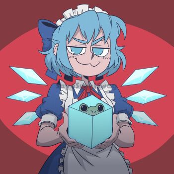 Rule 34 | 1girl, :3, alternate costume, blue bow, blue eyes, blue hair, bow, cirno, closed mouth, enmaided, frozen frog, hair bow, highres, ice, ice crystal, ice cube, ice wings, looking at viewer, maid, maid headdress, red background, sayasushiswag, short hair, short sleeves, smile, smug, solo, touhou, wings