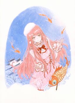 Rule 34 | 1girl, 9484gu, architecture, argyle clothes, argyle dress, bare tree, beret, bloom poetry (shining nikki), blue sky, border, bow, bowtie, brown eyes, closed mouth, clothes writing, collared shirt, commentary request, cowboy shot, cross-laced clothes, cross-laced dress, day, dot nose, dress, dress ribbon, earrings, east asian architecture, eyelashes, fish, floral print, flying fish, frilled shirt collar, frilled sleeves, frills, fur hat, goldfish, hat, high collar, highres, jewelry, koi, leaning forward, light blush, long hair, long sidelocks, long sleeves, looking at object, nikki (nikki), nikki (series), outdoors, painting (medium), pinafore dress, pink dress, pink hair, pleated dress, pom pom (clothes), pom pom earrings, print dress, red bow, red bowtie, red ribbon, ribbon, rose print, shining nikki, shirt, sidelocks, sky, sleeveless, sleeveless dress, smile, snow, snowflake necklace, snowing, solo, striped clothes, striped shirt, sun, traditional media, tree, vertical-striped clothes, vertical-striped shirt, very long hair, watercolor (medium), white border, white hat, white shirt, winter