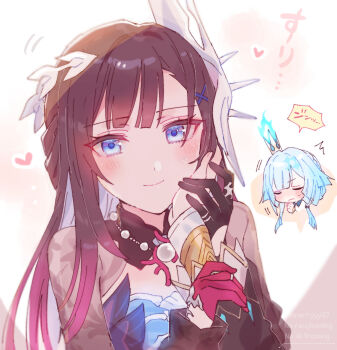 2girls ^^^ black_gloves blue_dress blue_eyes blue_fire blue_hair blush brown_hair cerydra_(honkai:_star_rail) chibi chibi_inset closed_eyes closed_mouth commentary_request crown dress fire gloves gradient_hair hair_ornament half_gloves heart highres honkai:_star_rail honkai_(series) hysilens_(honkai:_star_rail) jewelry long_hair mini_crown multicolored_hair multiple_girls purple_gloves purple_hair ring smile sorimachi-doufu translation_request two-tone_hair watermark x_hair_ornament yuri