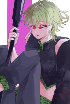 Rule 34 | 1boy, ahoge, bare shoulders, black pants, black shirt, chinese clothes, commentary request, earrings, green hair, highres, holding, holding weapon, jewelry, male focus, navel, pants, red-framed eyewear, red eyes, servamp, shirt, short hair, sunglasses, syu 7, watanuki sakuya, weapon