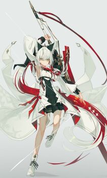 Rule 34 | 1girl, absurdres, animal ear fluff, animal ears, armpits, bare shoulders, black dress, boots, colored inner hair, detached sleeves, dress, fox ears, fox girl, full body, gradient background, grey background, highres, holding, holding sword, holding weapon, long hair, looking at viewer, multicolored hair, nagishiro mito, original, overskirt, parted bangs, pleated dress, ponytail, red hair, sidelocks, simple background, solo, sword, very long hair, weapon, white background, white boots, white hair, wide sleeves, yellow eyes