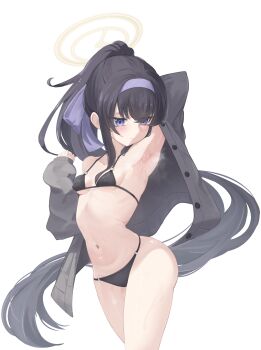 1girl absurdres armpits bikini black_bikini black_hair blue_archive bow breasts cardigan closed_mouth commentary grey_cardigan hair_bow hairband halo highres long_hair long_sleeves navel o-ring o-ring_bikini o-ring_bottom o-ring_top official_alternate_costume open_cardigan open_clothes ponytail purple_bow purple_eyes purple_hairband shizuki_eri simple_background small_breasts solo string_bikini swimsuit ui_(blue_archive) ui_(swimsuit)_(blue_archive) variant_set very_long_hair white_background yellow_halo
