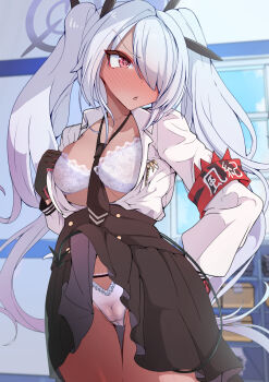 1girl armband black_gloves black_necktie black_skirt blue_archive blush bra breasts cameltoe clothes_lift commentary_request gloves hair_over_one_eye highres iori_(blue_archive) lifting_own_clothes long_hair necktie paid_reward_available panties pink_eyes pleated_skirt school_uniform shinozaki_ui skirt skirt_lift solo twintails underwear white_bra white_hair white_panties