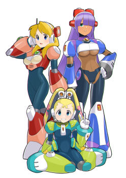 3girls alia_(mega_man) armor black_bodysuit blonde_hair blue_eyes bodysuit breasts green_armor green_eyes group_picture hair_over_one_eye hand_on_own_hip hypericum_(mppv1862) large_breasts layer_(mega_man) long_hair medium_hair mega_man_(series) mega_man_x8 mega_man_x_(series) multiple_girls pallette_(mega_man) pink_armor purple_hair simple_background small_breasts v white_background