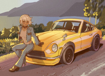 Rule 34 | 1girl, bell-bottoms, black choker, black gloves, blonde hair, blue pants, blush, boots, breasts, brown boots, brown lips, car, choker, cropped jacket, dark-skinned female, dark skin, datsun 240z, denim, denim jacket, earrings, full body, gloves, gyaru, hand on car, hoop earrings, jacket, jeans, jewelry, klimspree, lake, leather, leather gloves, medium breasts, motor vehicle, nissan fairlady z, no shirt, on car, one-piece tan, open clothes, open jacket, original, pants, pendant choker, pinup (style), platform boots, puckered lips, short hair, sideboob, solo, tan, tanline, tassel, yuzu (klimspree)