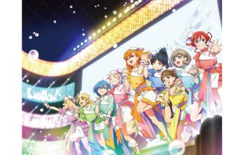 6+girls absurdres arashi_chisato artbook belt black_hair blonde_hair blue_eyes blue_hair brown_hair bubble dress green_eyes grey_hair grin hair_between_eyes hair_bun hat hazuki_ren heanna_sumire highres idol long_hair love_live! love_live!_superstar!! mini_hat mirai_no_oto_ga_kikoeru multiple_girls non-web_source official_alternate_costume official_art onitsuka_natsumi open_mouth orange_eyes orange_hair ponytail purple_belt purple_eyes red_eyes red_hair sakurakoji_kinako shibuya_kanon short_hair smile stage stage_lights standing tang_keke wakana_shiki white_hair yellow_eyes yoneme_mei
