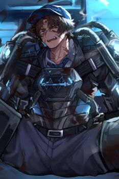 1boy armor baseball_cap belt black_pants blood blood_on_clothes blood_on_face blood_w blue_hat blue_necktie breastplate brown_hair cable collared_shirt commentary_request dark-skinned_male dark_skin electricity exoskeleton hat heathcliff_(project_moon) highres limbus_company necktie one_eye_closed pants project_moon purple_eyes scar scar_on_face shirt short_hair signature solo strap w_corp._(identity)_(project_moon) white_shirt
