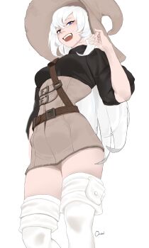 Rule 34 | 1girl, absurdres, belt, blue eyes, breasts, brown hat, hat, highres, large hat, long hair, medium breasts, ori dal, original, red lips, signature, simple background, smile, solo, standing, teeth, upper teeth only, very long hair, white background, white hair, witch hat