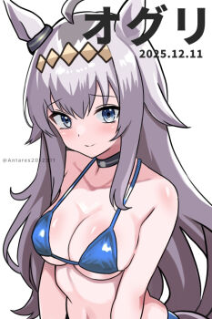 1girl ahoge animal_ears anime_coloring bikini black_choker blue_bikini blue_eyes breasts character_name choker cleavage_cutout closed_mouth clothing_cutout commentary dated ear_ornament grey_hair hair_ornament horse_ears horse_girl long_hair looking_at_viewer medium_breasts mrantares navel oguri_cap_(umamusume) smile solo swimsuit twitter_username umamusume upper_body