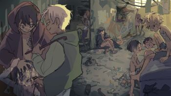 6+boys arm_tattoo black_eyes black_hair blonde_hair chest_tattoo cigarette closed_eyes crowbar cum cum_on_body drinking_pee dumpster facial golden_shower hand_on_another&#039;s_head highres holding_another&#039;s_wrist homeless hood hood_up kenoru kodomo_doushi male_focus missing_tooth morning multiple_boys original pants peeing scar scar_on_face short_hair shota slums smile standing tattoo tattoo_on_neck tongue tongue_out topless_female trash white_hair window yaoi