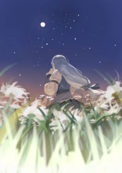 1girl blue_ribbon blue_skirt blue_vest blurry blurry_foreground commentary english_commentary field final_fantasy final_fantasy_xvi flower flower_field from_below full_moon grey_hair hair_ribbon j2_path jill_warrick long_hair looking_up low-tied_long_hair moon night night_sky outdoors own_hands_clasped own_hands_together praying ribbon shirt skirt sky solo upper_body vest white_flower white_shirt