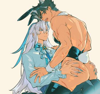Rule 34 | 2boys, absurdres, animal ears, ass, b0ppomo, back, black hair, black leotard, black thighhighs, blue eyes, commentary request, cross scar, crossdressing, crossdressing (mtf), detached collar, earrings, fake animal ears, fake tail, genshin impact, grey hair, hand on another's ass, highres, huge ass, jewelry, latex, latex legwear, leotard, long hair, looking at another, looking at viewer, male focus, male playboy bunny, multicolored hair, multiple boys, multiple scars, muscular, muscular male, neuvillette (genshin impact), pectorals, playboy bunny, rabbit ears, rabbit tail, scar, scar on arm, scar on ass, scar on back, scar on leg, short hair, sitting, sitting on lap, sitting on person, strapless, strapless leotard, tail, thighhighs, very long hair, white hair, white wrist cuffs, wriothesley (genshin impact), wrist cuffs, yaoi