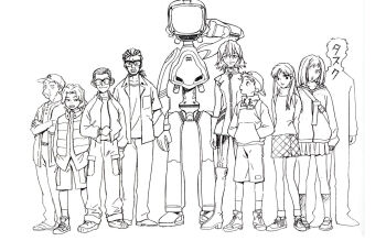 00s 3girls 6+boys baseball_cap boots canti crossed_arms everyone flcl glasses greyscale haruhara_haruko hat hood hoodie humanoid_robot lineart lineup long_hair manabe_gaku masamune_masashi monochrome multiple_boys multiple_girls nandaba_kamon nandaba_naota nandaba_shigekuni nandaba_tasuku ninamori_eri ponytail robot sadamoto_yoshiyuki samejima_mamimi shoes short_hair shorts skirt sneakers socks sweater turtleneck vest
