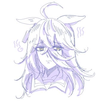 Rule 34 | 1girl, ahoge, animal ears, closed mouth, commentary, ear ornament, ear tag, earrings, english commentary, frown, gloom (expression), hair between eyes, highres, horse ears, horse girl, jewelry, kecoadewi, long hair, long hair between eyes, manhattan cafe (umamusume), sailor collar, simple background, single earring, solo, spot color, umamusume, white background, yellow eyes