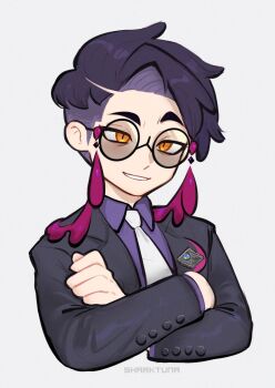 1boy artist_name black_suit corbeau_(pokemon) crossed_arms formal_clothes highres male_focus mega_stone mixed-language_commentary necktie nintendo pokemon pokemon_legends:_z-a purple_hair purple_shirt raised_eyebrow round_eyewear sharktuna shirt smile suit upper_body white_background white_necktie