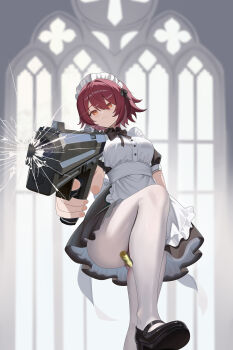 1girl absurdres alternate_costume apron arknights black_bow black_bowtie black_dress black_shoes bow bowtie convenient_censoring dress exusiai_(arknights) frilled_apron frills gun handgun highres holding holding_gun holding_weapon maid maid_apron maid_headdress orange_eyes pantyhose red_hair shibanme_tekikumo shoes short_hair short_sleeves solo weapon white_apron white_headdress white_pantyhose
