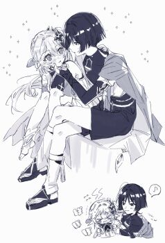 >_< 1boy 1girl anklet armor belt bishounen blunt_ends bodysuit bow bridal_gauntlets cape choppy_bangs clenched_hands commentary_request couple covered_collarbone crossed_legs dress embarrassed facing_viewer flirting furisode genshin_impact greyscale hair_between_eyes hair_intakes hair_ornament hand_on_another's_chin hetero highres japanese_armor japanese_clothes jewelry kimono knees_together_feet_apart kote leaf leaf_hair_ornament leg_warmers looking_at_another monochrome musical_note nahida_(genshin_impact) onigiri_po_0205 open_mouth pointy_ears rope sandals scaramouche_(genshin_impact) short_sleeves shorts shoulder_peek side-by-side side_cape sitting smile spoken_musical_note stirrup_footwear stirrup_legwear toeless_legwear toes tsurime turtleneck turtleneck_bodysuit wanderer_(genshin_impact) zouri