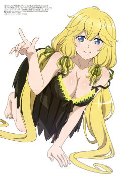 Rule 34 | 1girl, absurdres, all fours, blue eyes, breasts, cleavage, ellie (mugen gacha), hanging breasts, highres, large breasts, long hair, looking at viewer, magazine scan, megami magazine, mugen gacha, official art, scan, simple background, smile, solo, suzuki yukie, thighs, very long hair, white background