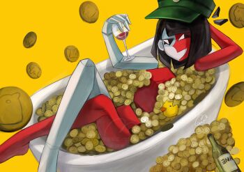 1girl alcohol bathtub black_hair blunt_bangs blunt_ends bob_cut coin colored_skin cup drinking_glass ena:_dream_bbq ena_(dream_bbq) ena_(series) ena_(species) floating_head gold_coin green_hat hat highres hourglass_dog low_poly multicolored_skin nude red_skin smile solo split-color_skin two-tone_skin usagimarumei wine wine_glass