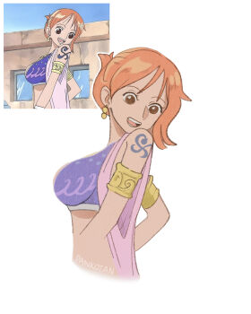 Rule 34 | 1girl, absurdres, anime screenshot inset, arabian clothes, armlet, artist name, bare shoulders, breasts, brown eyes, commentary, cropped torso, earrings, english commentary, from side, hair up, harem outfit, highres, jewelry, large breasts, looking back, nami (one piece), official alternate costume, official alternate hairstyle, one piece, open mouth, orange hair, pank0tan, screenshot inset, short hair, shoulder tattoo, simple background, single sidelock, solo, tattoo, upper body, white background