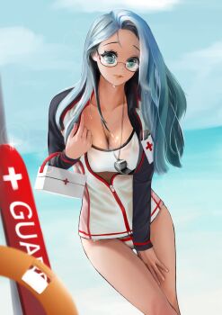 Rule 34 | 1girl, absurdres, bad id, bad pixiv id, beach, bikini, black-framed eyewear, blue eyes, blue hair, blurry, bokeh, breasts, cleavage, cross, damang, day, depth of field, dripping, dutch angle, female focus, glasses, highres, jacket, jacket over swimsuit, large breasts, lifeguard, long hair, matching hair/eyes, medicine box, ocean, original, outdoors, red cross, red lips, see-through clothes, semi-rimless eyewear, sky, solo, sparkle, swimsuit, thigh gap, under-rim eyewear, unzipped, wet, wet clothes, whistle, white bikini, zipper