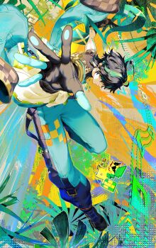 Rule 34 | 1boy, 1other, absurdres, ahoge, ajaw (genshin impact), arm tattoo, clothes around waist, earrings, genshin impact, gloves, hand up, highres, jacket, jacket around waist, jewelry, kinich (genshin impact), looking at viewer, male focus, multicolored eyes, multicolored gloves, multicolored hair, short sleeves, spriiiiiiing, tattoo