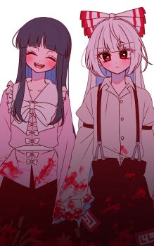 2girls blood blood_on_clothes blood_on_hands bow bowtie closed_eyes closed_mouth collared_shirt commentary_request facing_viewer frilled_shirt_collar frills fujiwara_no_mokou hair_bow highres holding_hands houraisan_kaguya interlocked_fingers long_hair long_sleeves looking_at_viewer multiple_girls ofuda ofuda_on_clothes open_mouth pants pink_shirt red_eyes red_pants red_skirt shirt simple_background skirt smile suspenders tamiko_(tamik0224) touhou very_long_hair white_background white_bow white_bowtie white_hair white_shirt wide_sleeves yuri