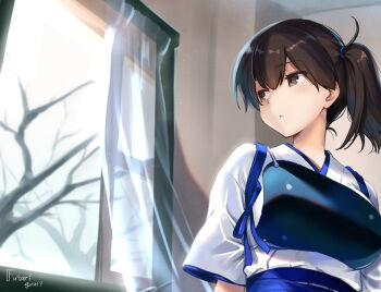 1girl black_hair brown_eyes commentary_request curtains eckert&amp;eich highres japanese_clothes kaga_(kancolle) kantai_collection kimono long_hair muneate side_ponytail solo tasuki tree white_kimono window