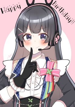 1girl black_eyes black_gloves black_hair blazer bow bowtie cardigan_vest closed_mouth commentary_request gloves hair_ornament hairclip happy_birthday headphones highres jacket lapels long_hair nijisanji pink_background pink_bow pink_bowtie plaid_clothes plaid_lapels sakura_yuto smile solo split_mouth tsukino_mito tsukino_mito_(moon!!) upper_body virtual_youtuber